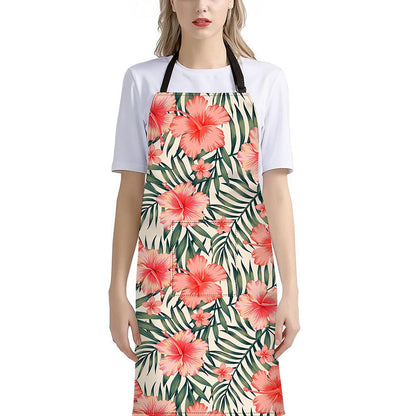 Exotic Tropical Hibiscus Pattern Print Bib Apron With Pocket