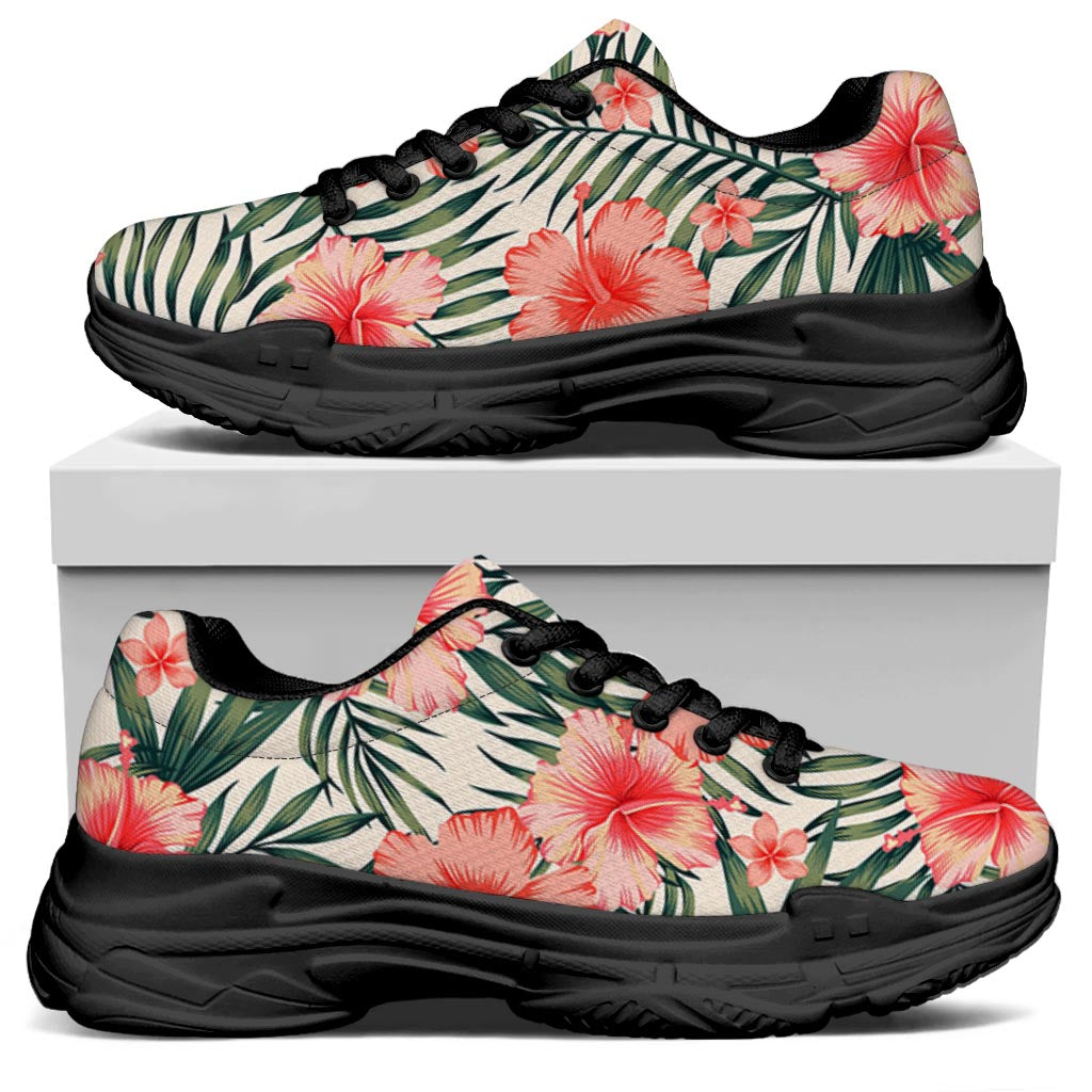 Exotic Tropical Hibiscus Pattern Print Black Chunky Shoes