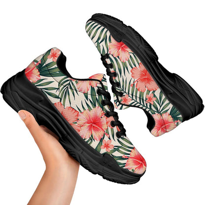Exotic Tropical Hibiscus Pattern Print Black Chunky Shoes
