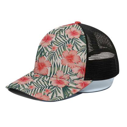 Exotic Tropical Hibiscus Pattern Print Black Mesh Trucker Cap