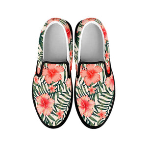 Exotic Tropical Hibiscus Pattern Print Black Slip On Sneakers