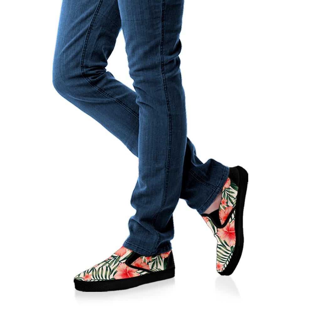 Exotic Tropical Hibiscus Pattern Print Black Slip On Sneakers