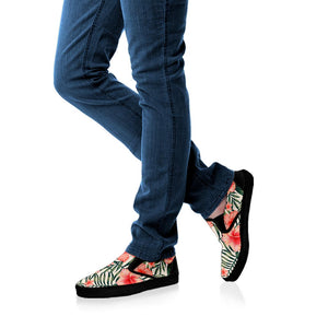 Exotic Tropical Hibiscus Pattern Print Black Slip On Sneakers