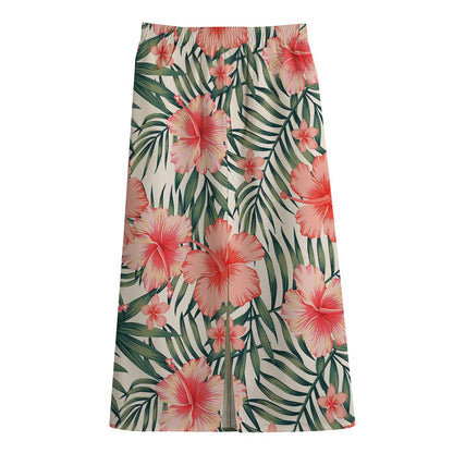 Exotic Tropical Hibiscus Pattern Print Cotton Front Slit Maxi Skirt