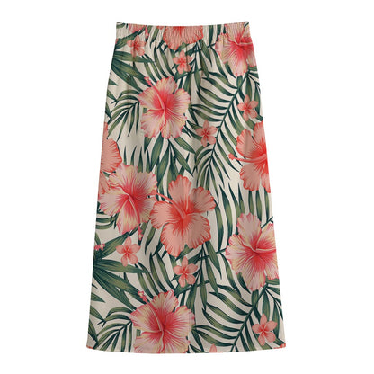 Exotic Tropical Hibiscus Pattern Print Cotton Front Slit Maxi Skirt