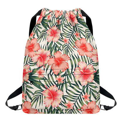Exotic Tropical Hibiscus Pattern Print Drawstring Backpack
