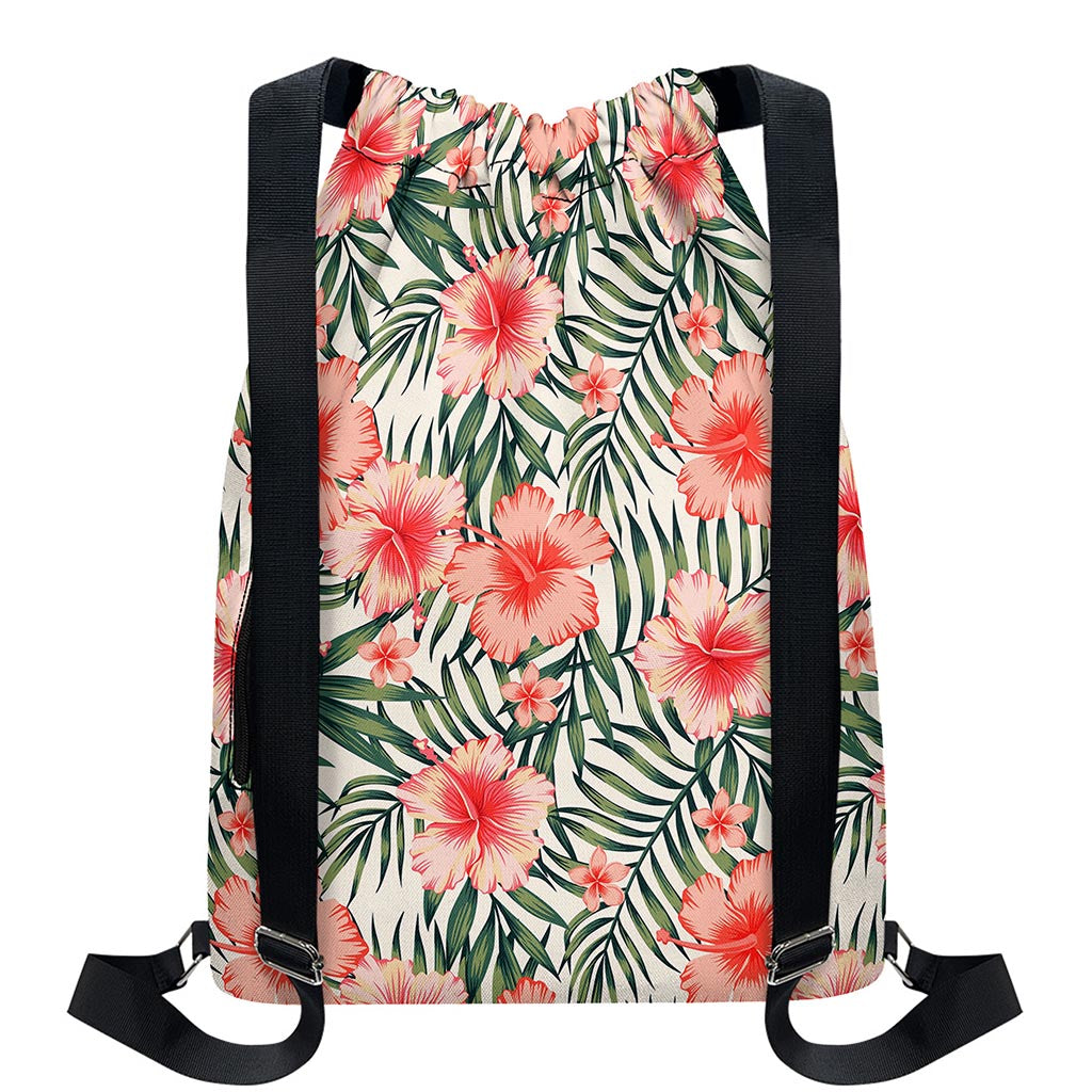 Exotic Tropical Hibiscus Pattern Print Drawstring Backpack