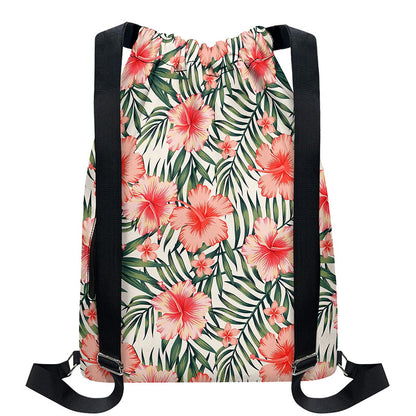 Exotic Tropical Hibiscus Pattern Print Drawstring Backpack
