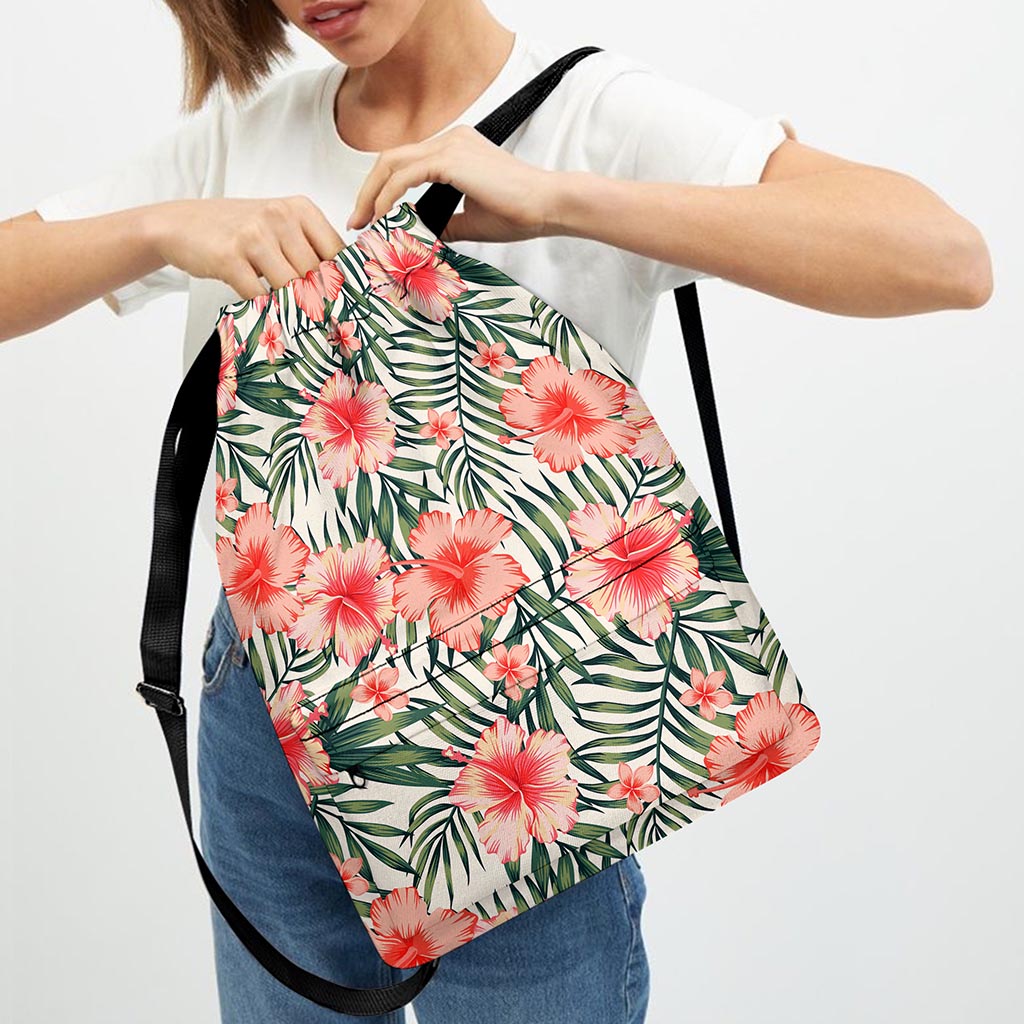 Exotic Tropical Hibiscus Pattern Print Drawstring Backpack