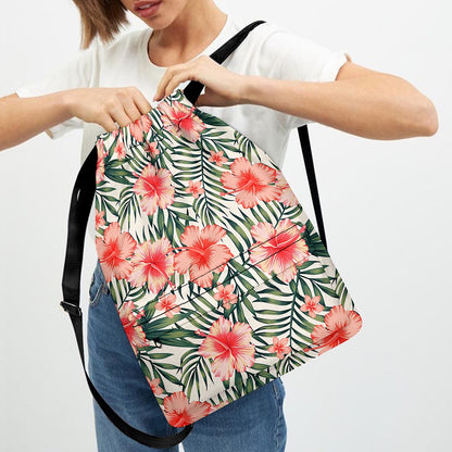 Exotic Tropical Hibiscus Pattern Print Drawstring Backpack