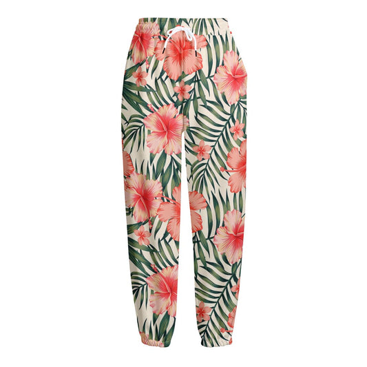 Exotic Tropical Hibiscus Pattern Print Fleece Lined Knit Pants