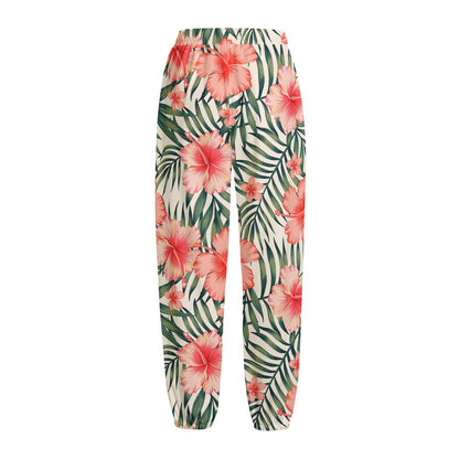 Exotic Tropical Hibiscus Pattern Print Fleece Lined Knit Pants