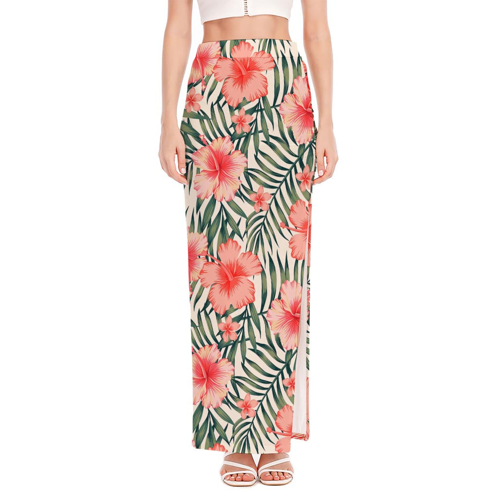 Exotic Tropical Hibiscus Pattern Print High Slit Maxi Skirt