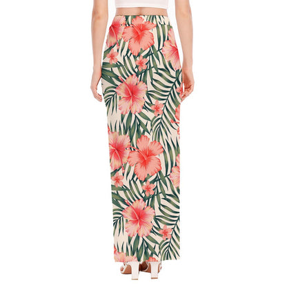 Exotic Tropical Hibiscus Pattern Print High Slit Maxi Skirt