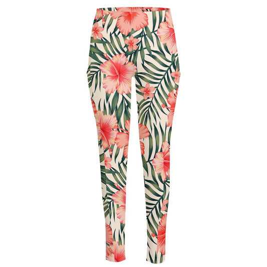 Exotic Tropical Hibiscus Pattern Print High-Waisted Pocket Leggings
