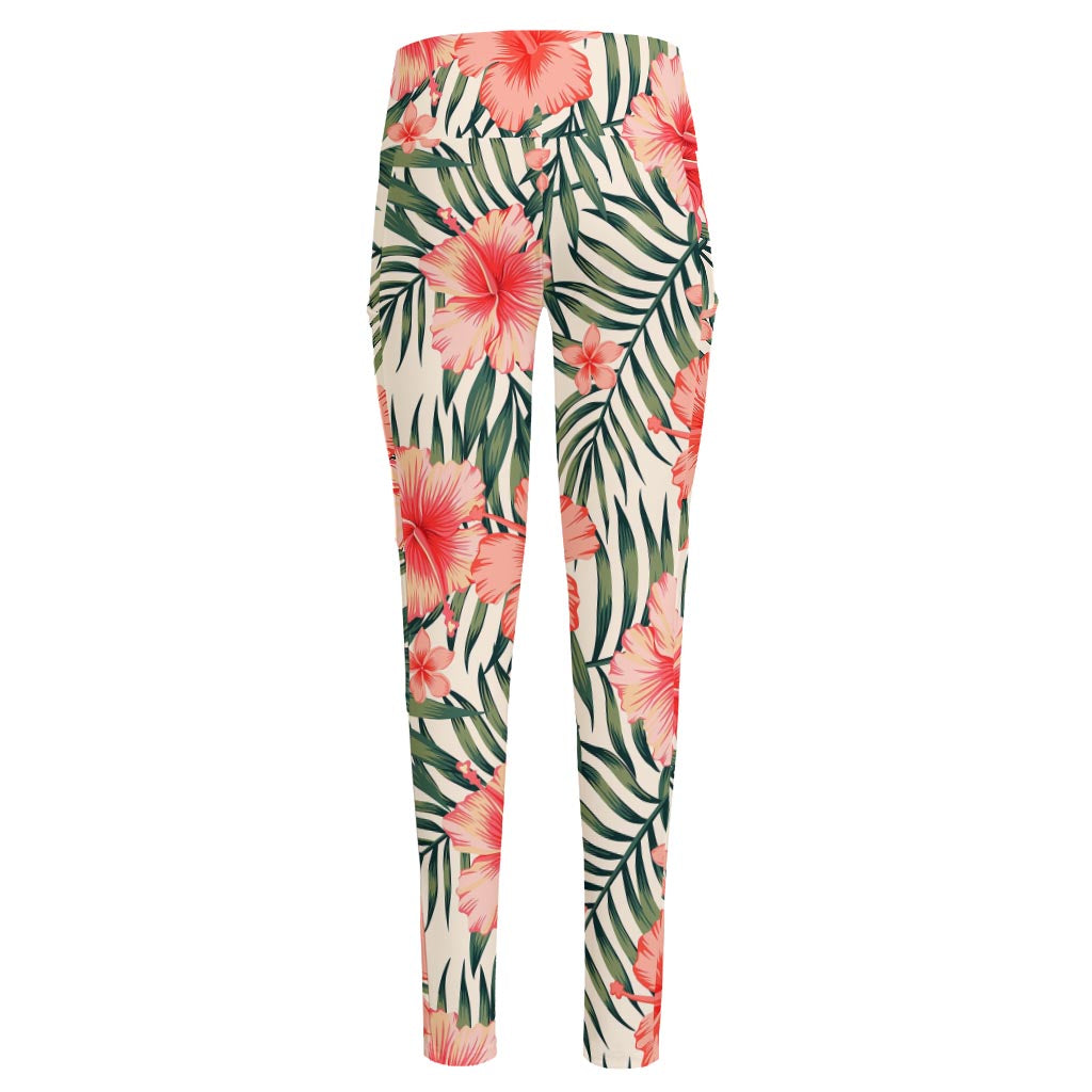 Exotic Tropical Hibiscus Pattern Print High-Waisted Pocket Leggings