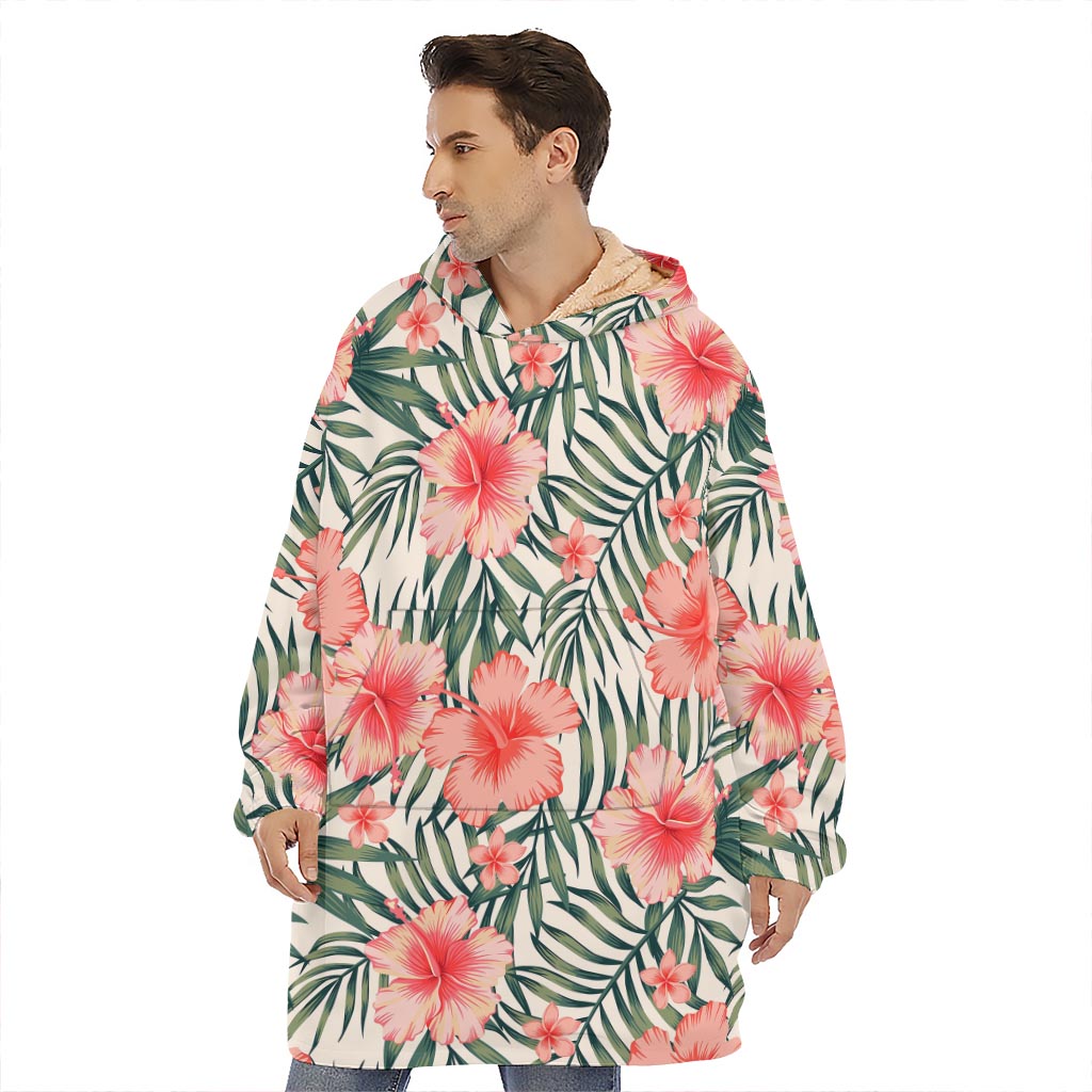 Exotic Tropical Hibiscus Pattern Print Hoodie Blanket
