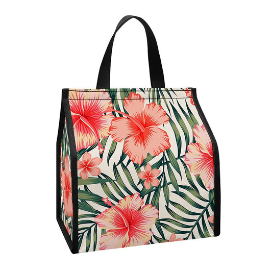 Exotic Tropical Hibiscus Pattern Print Insulated Lunch Tote