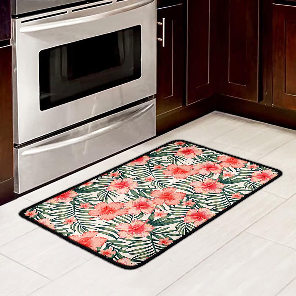 Exotic Tropical Hibiscus Pattern Print Kitchen Mat