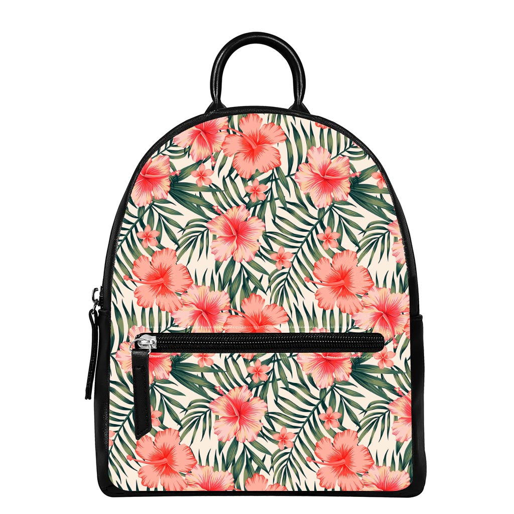 Exotic Tropical Hibiscus Pattern Print Leather Backpack