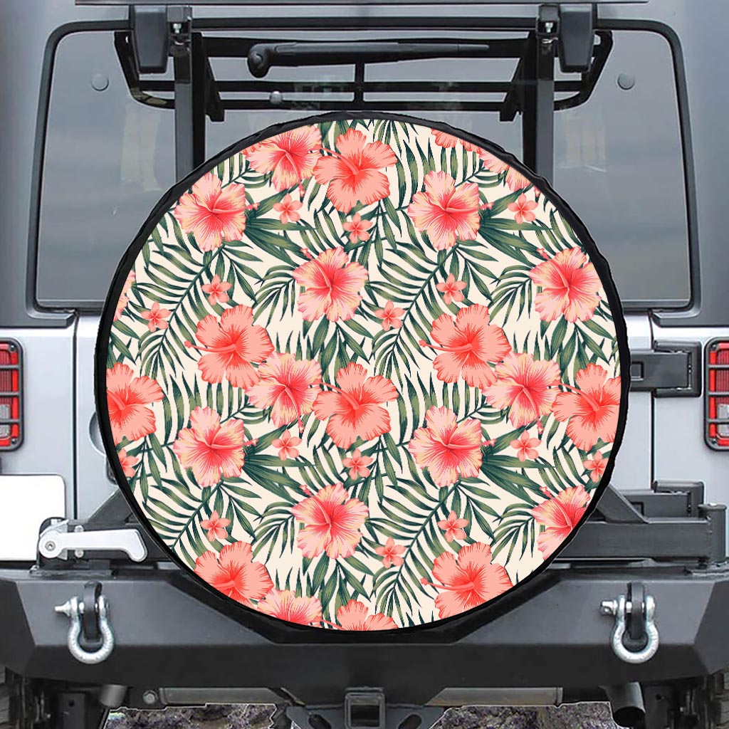 Exotic Tropical Hibiscus Pattern Print Leather Spare Tire Cover