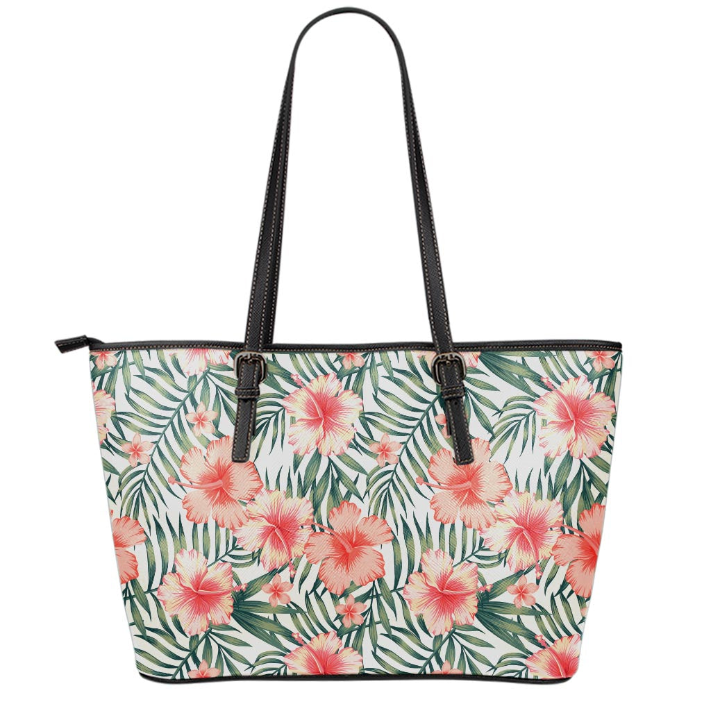 Exotic Tropical Hibiscus Pattern Print Leather Tote Bag