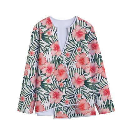 Exotic Tropical Hibiscus Pattern Print Long Sleeve Short Coat