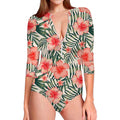 Exotic Tropical Hibiscus Pattern Print Long Sleeve Swimsuit