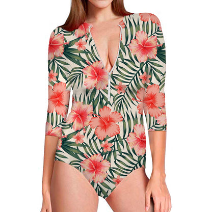 Exotic Tropical Hibiscus Pattern Print Long Sleeve Swimsuit