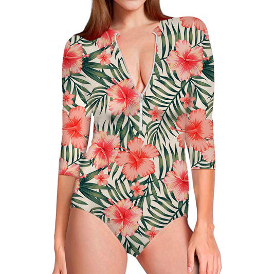 Exotic Tropical Hibiscus Pattern Print Long Sleeve Swimsuit