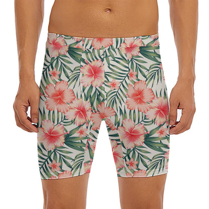 Exotic Tropical Hibiscus Pattern Print Men's Long Boxer Briefs