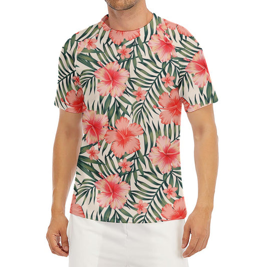 Exotic Tropical Hibiscus Pattern Print Men's Short Sleeve Rash Guard