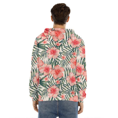 Exotic Tropical Hibiscus Pattern Print Men's Velvet Pullover Hoodie