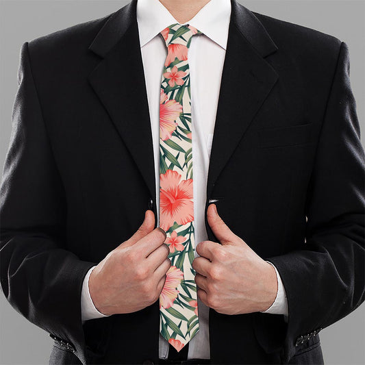 Exotic Tropical Hibiscus Pattern Print Necktie