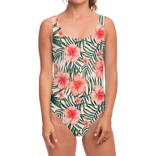 Exotic Tropical Hibiscus Pattern Print One Piece Swimsuit