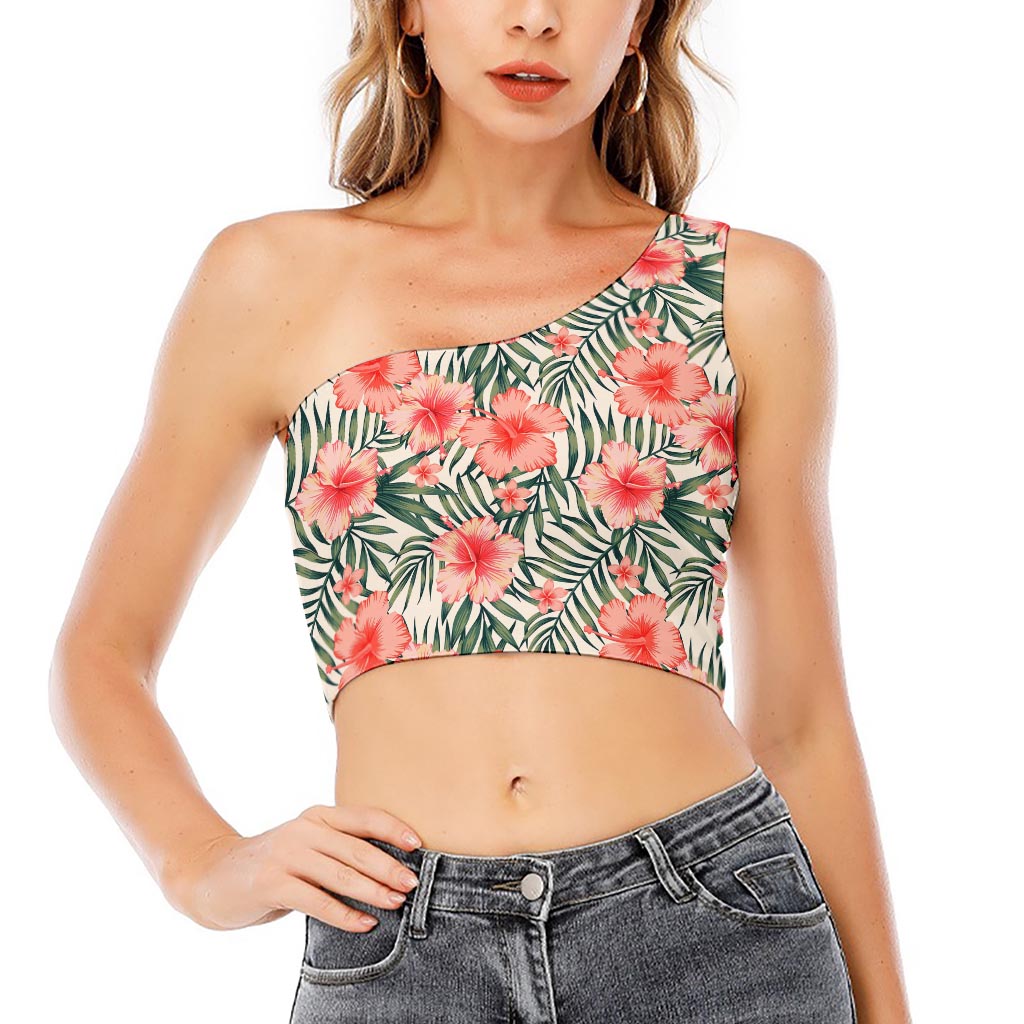 Exotic Tropical Hibiscus Pattern Print One Shoulder Crop Top
