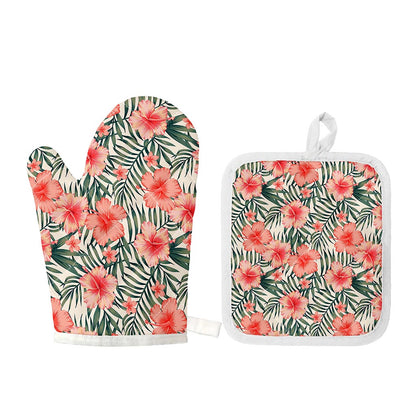 Exotic Tropical Hibiscus Pattern Print Oven Mitt And Pot Holder Set