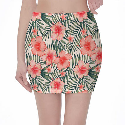 Exotic Tropical Hibiscus Pattern Print Pencil Mini Skirt