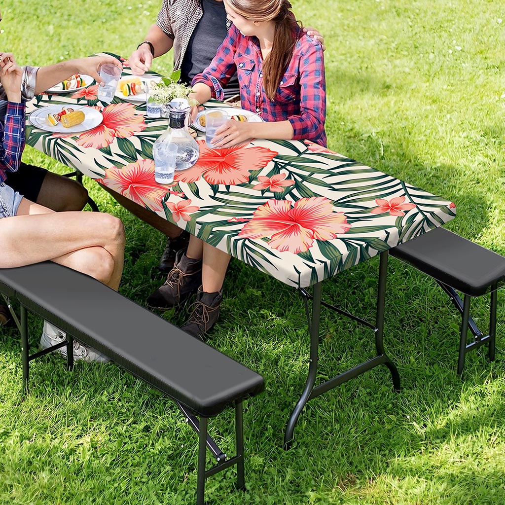Exotic Tropical Hibiscus Pattern Print Picnic Table Cover