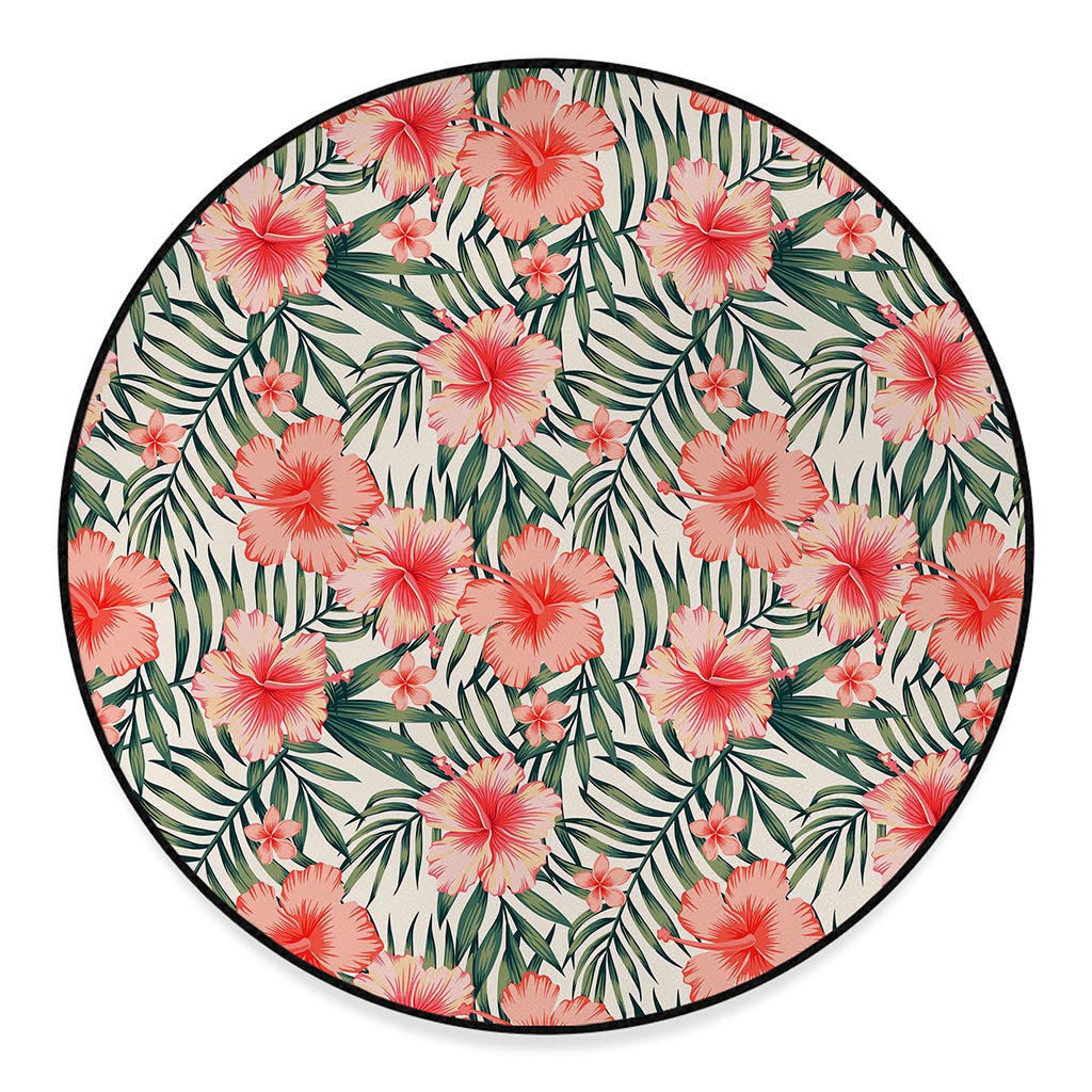 Exotic Tropical Hibiscus Pattern Print Round Floor Mat