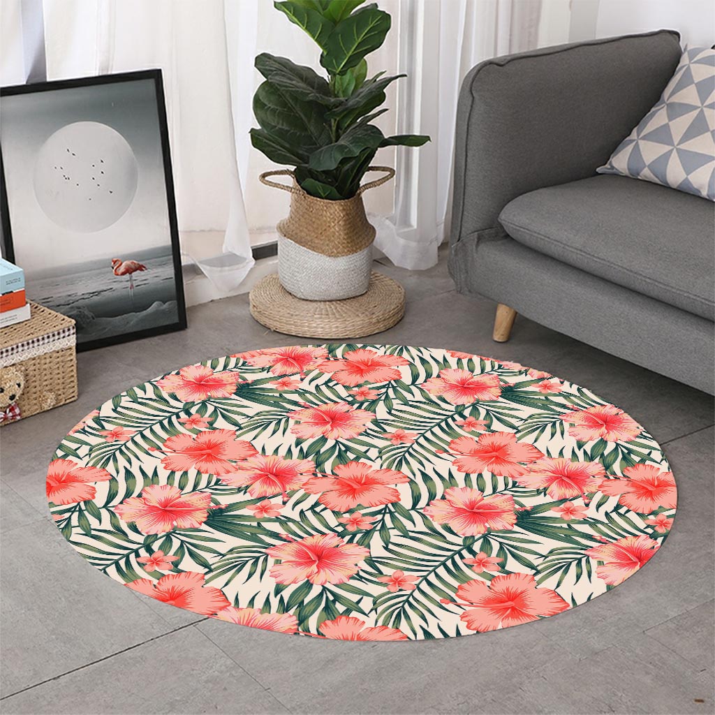 Exotic Tropical Hibiscus Pattern Print Round Rug