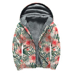 Exotic Tropical Hibiscus Pattern Print Sherpa Lined Zip Up Hoodie