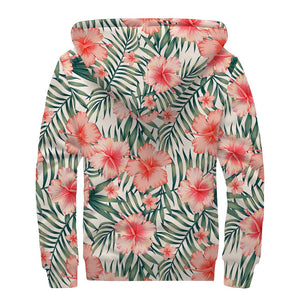 Exotic Tropical Hibiscus Pattern Print Sherpa Lined Zip Up Hoodie