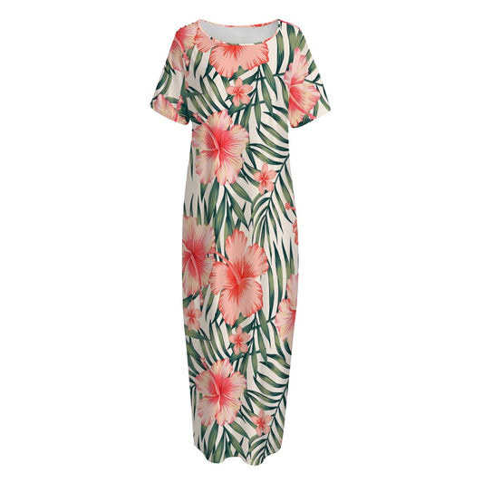 Exotic Tropical Hibiscus Pattern Print Short Sleeve Long Nightdress
