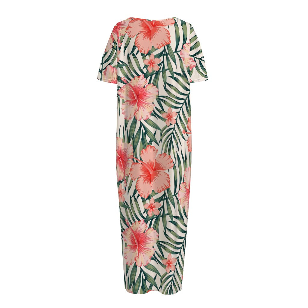 Exotic Tropical Hibiscus Pattern Print Short Sleeve Long Nightdress