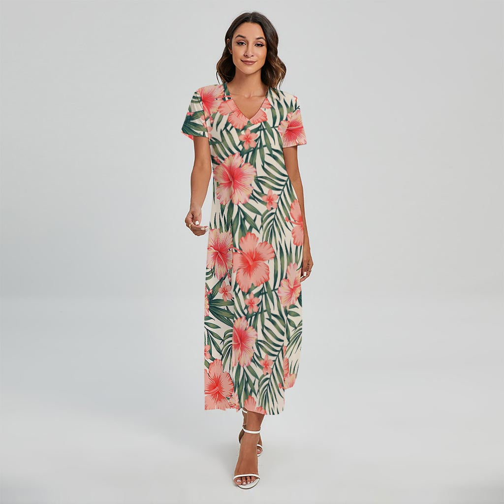 Exotic Tropical Hibiscus Pattern Print Short Sleeve Maxi Dress