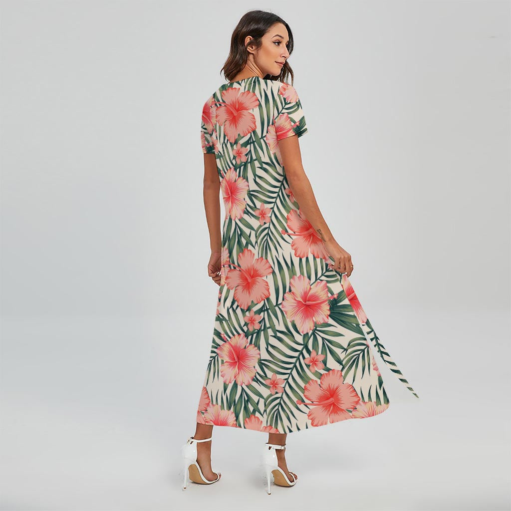 Exotic Tropical Hibiscus Pattern Print Short Sleeve Maxi Dress