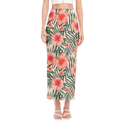 Exotic Tropical Hibiscus Pattern Print Side Slit Maxi Skirt