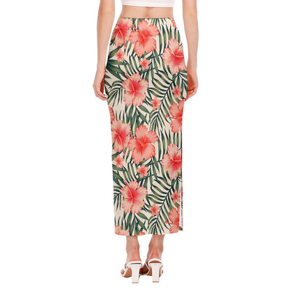 Exotic Tropical Hibiscus Pattern Print Side Slit Maxi Skirt