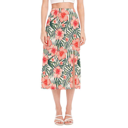 Exotic Tropical Hibiscus Pattern Print Side Slit Midi Skirt